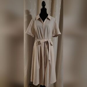 Alex Marie Tan White Striped Belted Midi Shirt Dress Size 14